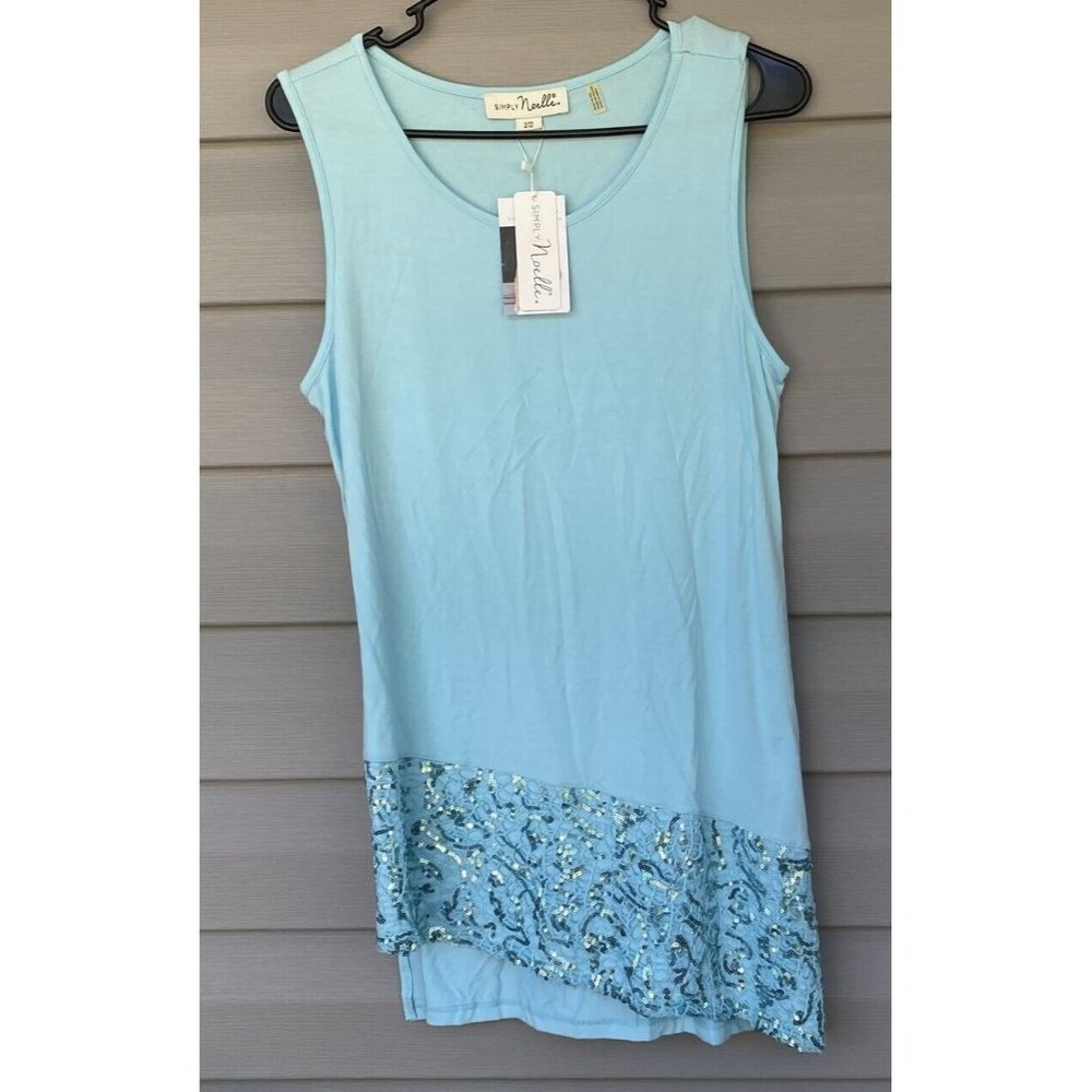 Simply Noelle Tank Tunic Aqua Blue Asymmetrical Hem Sequins NEW S 8